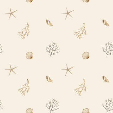 Watercolor pattern underwater beige seashells, corals. Hand drawn illustrations in vintage starfish, spiral, scallop beige background. Seamless marine print for textile design fabric clothes wallpaper