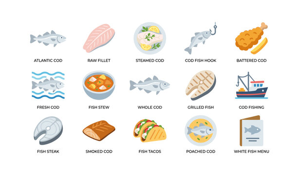 Collection of cod fish and seafood icons on white background