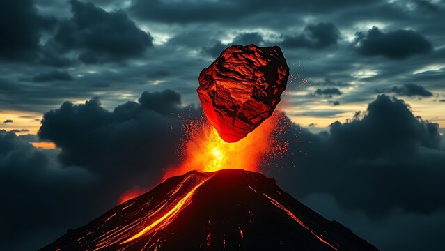 A glowing rock ejected from a volcano against a dramatic ash-filled sky.