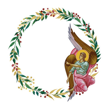 Decorative vintage floral wreath with angel, illustration in Byzantine style isolated