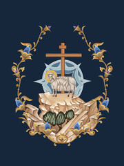 Obraz premium Behold the Lamb of God who takes away the sin of the world. Agnus Dei. Decorative vintage floral illustration in Byzantine style