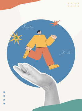 Trendy Halftone Collage of a halftone hand supporting a confident business character with a briefcase and star bursts, symbolizing supportive growth and empowerment, ideal for business and career cont