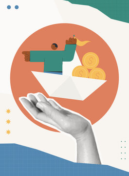 Trendy Halftone Collage of a halftone hand supporting a paper boat with a character holding a flag and stacked dollar coins, symbolizing supportive growth and financial success, ideal for business 