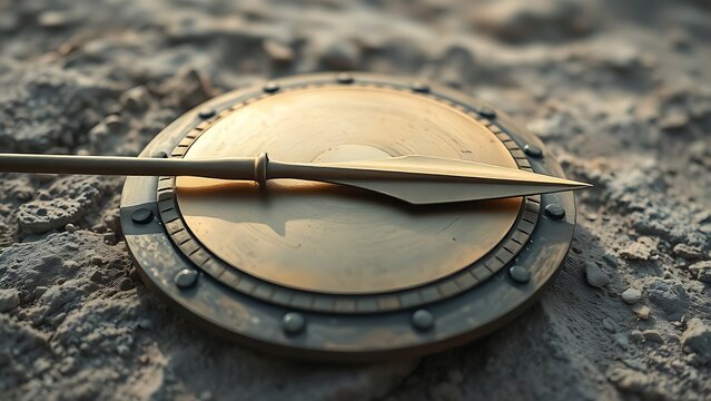 Bronze spearhead crossing a round shield on sandstone, soft morning light.