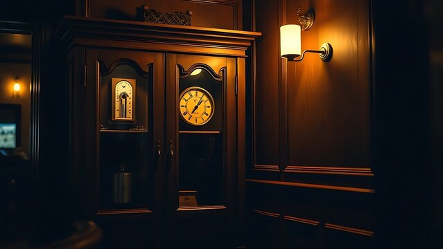 Dim corner of a room with a mahogany cabinet showing a hygrometer inside, warm light.