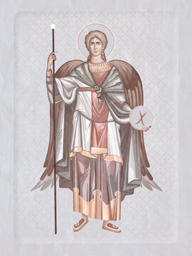 Archangel Michael. Christian illustration in Byzantine style in pastel colors