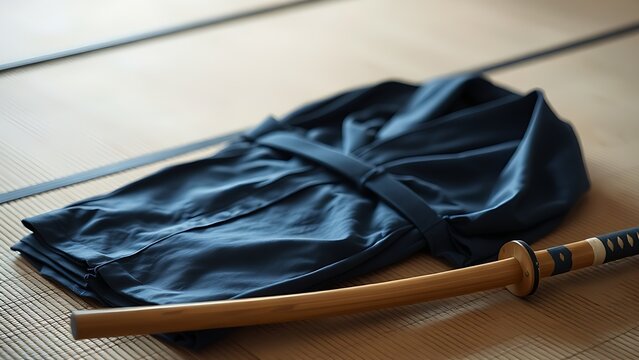 A neatly folded deep blue hakama and bamboo sword on tatami mat flooring.