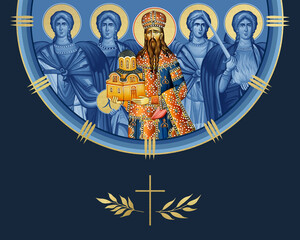 Obraz premium Saint Stefan Milutin and four cardinal points (Archangel Gabriel, Uriel, Raphael and Michael). Illustration in Byzantine style isolated