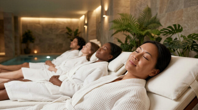 Diverse people relaxing in luxury spa lounge