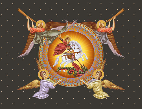 Saint George. Decorative vintage illustration with angels in Byzantine style
