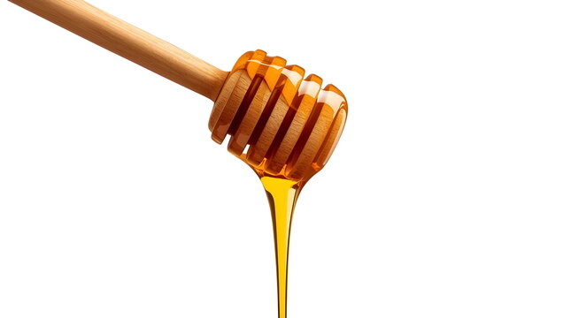 Golden honey dripping smoothly from a wooden honey dipper on a white background