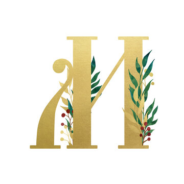 Golden Latin letter M in vintage church style with floral composition isolated