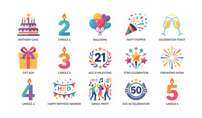 Fototapeta premium Birthday and celebration icons featuring cake, candles and fireworks