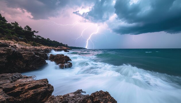 Dramatic coastal storm with lightning strikes illuminating the churning sea and rugged shoreline