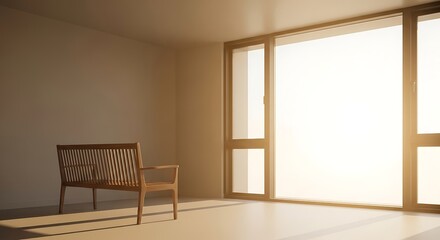 Fototapeta premium Empty room with wooden bench and large window bathed in warm sunlight creating a serene and peaceful atmosphere