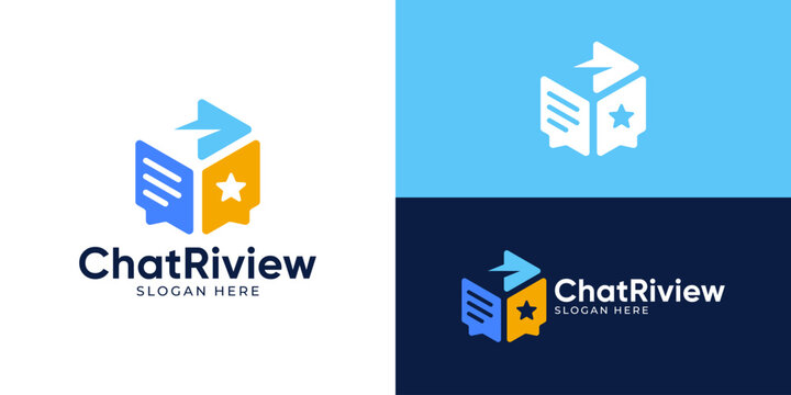 Creative simple chat riview logo template. Bubble chat with star symbol for rating feedback message logo design vector illustration.
