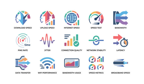 Network speed and connection icons arranged in grid on white