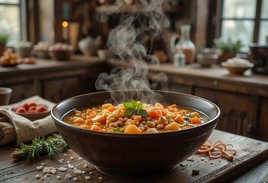 Steaming hot vegetable soup in a black bowl on a rustic kitchen table. gerstensuppe
