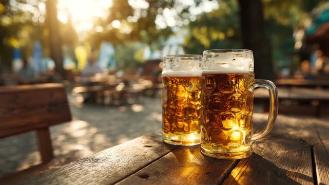 cold beer in a beer garden in summer on sunny day animation