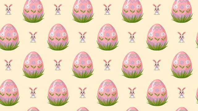 Easter Bunny and Decorated Egg Seamless Pattern Background, holiday celebration and wildlife concept.