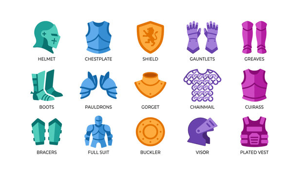Armor and medieval equipment icons arranged on white background