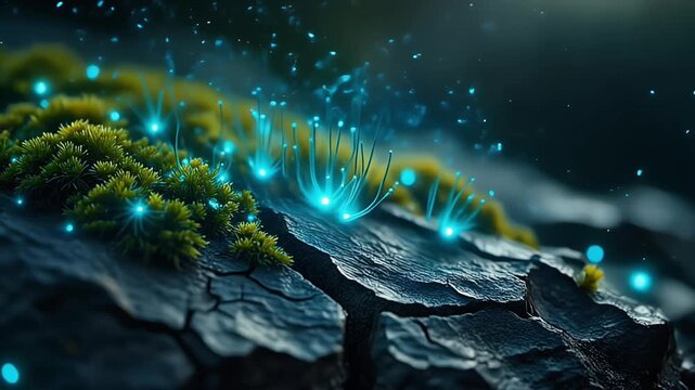 Glowing blue lights emanate from a dark, cracked earth surface with mossy growth in a mysterious, nighttime environment.