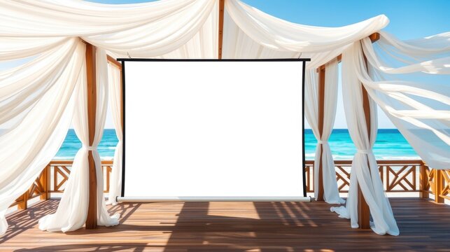 Beach wedding setup. Wooden structure draped with white fabric. Ocean visible, sunny day. Perfect backdrop for photos.