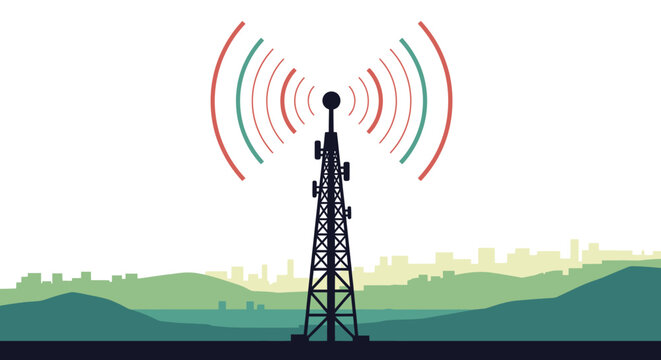 Cellular network tower with signal waves.