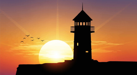 Silhouette of a lighthouse at sunset. © Candra