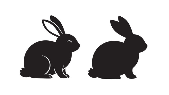 Rabbit icon silhouette set with simple black vector shapes and side profile poses on white background