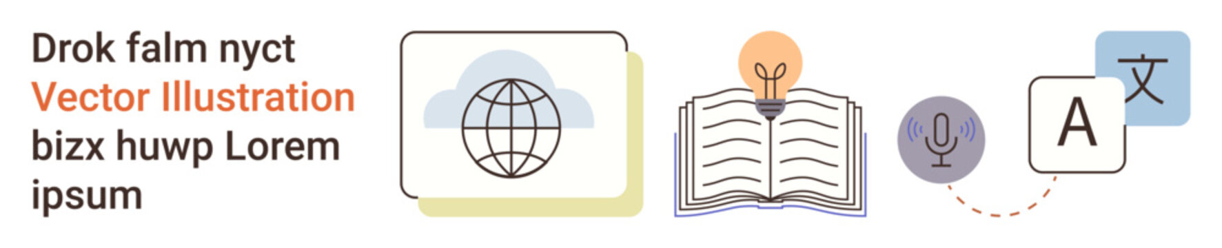 Education, global connectivity, translation, knowledge exchange, language learning, innovation. Icon designs include a globe, a book with a light bulb and translation symbols. Education and global