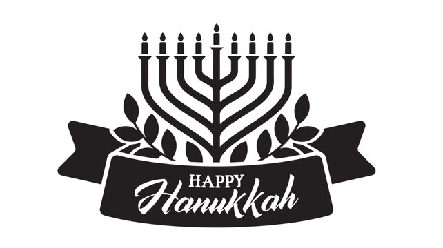 Menorah candle holder with Happy Hanukkah lettering banner for Jewish holiday greeting on white background