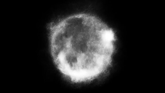 White particle explosion forming glowing circular cloud, abstract monochrome energy effect for cinematic visual compositions.