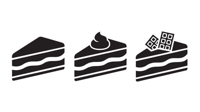 Cake slices icon set with black frosting layers, candle flame, and house city skyline decorations featuring dessert, bakery, bakery logo with