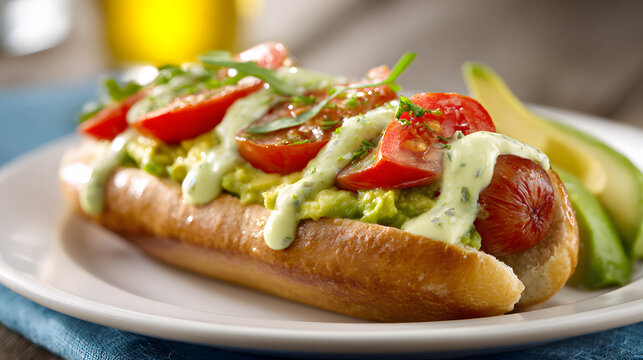 Chilean completo hot dog with avocado tomato and creamy sauce close up