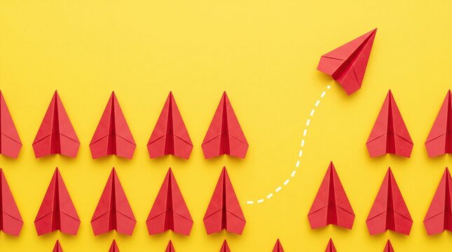 Red paper airplane changing direction concept for innovation and change