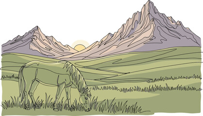 Naklejka premium A serene single line drawing depicts a horse grazing peacefully in a lush green meadow at sunrise with majestic mountains in the background.
