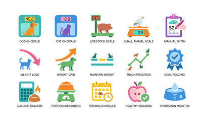 Fototapeta premium Pet weight and feeding icons showing tracking features in grid