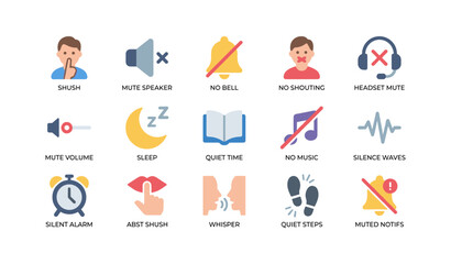 Fototapeta premium Collection of silence and mute icons arranged on white background