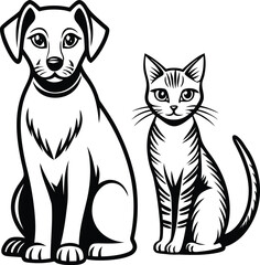 Obraz premium line art of dog and cat sitting side by side i