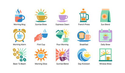 Fototapeta premium Morning coffee icons showing mugs brewing and sunrise motifs