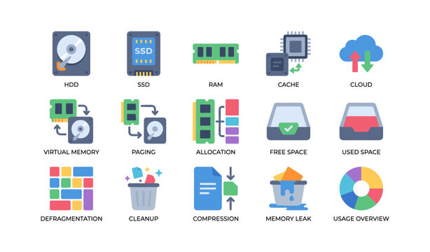 Computer storage and memory icons arranged in grid on white background