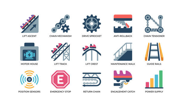 Roller coaster mechanism icons showing lift and safety parts on white