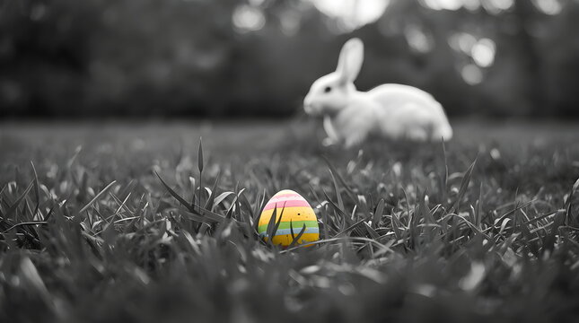 Colorful Easter egg hidden in a gray field with a blurred white rabbit