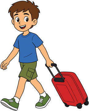 Little Boy Pulling Red Suitcase Vector Illustration