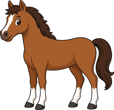 Cute Cartoon Chestnut Horse Vector Illustration Isolated on White