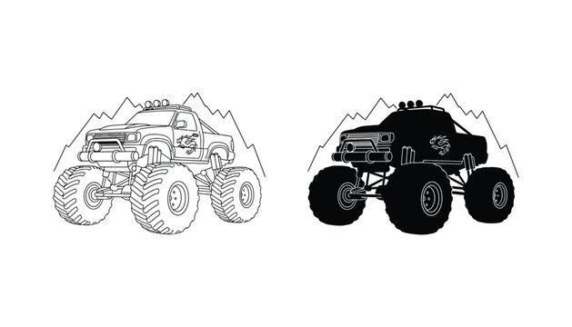 Offroad monster truck with mountain background icon set in outline and solid black for extreme sports