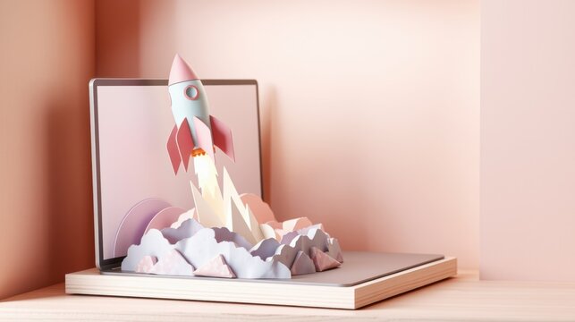 Paper rocket launches from laptop screen. Minimalist scene, pastel colors, creative concept. Focus on innovation, startup idea.