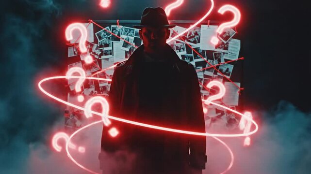 Detective shrouded in mystery, surrounded by glowing question marks and a corkboard of clues