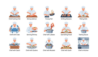 Naklejka premium Chefs preparing seafood dishes in illustrated grid layout